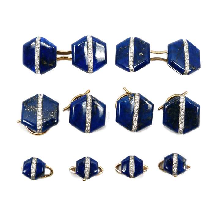 Art Deco lapis lazuli and diamond gentleman's dress set of cufflinks, four buttons and four studs.